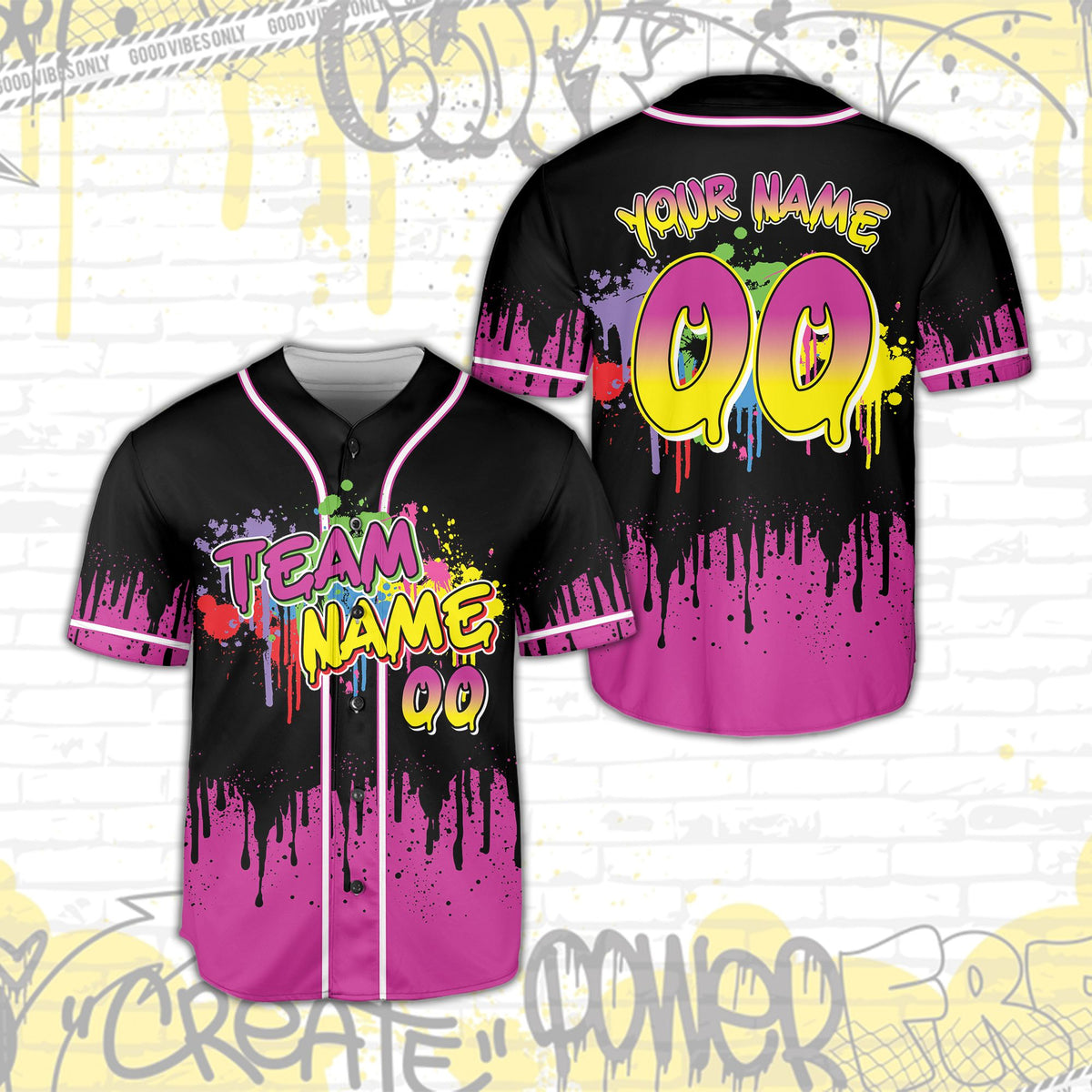 Full front view of the personalized black neon baseball jersey