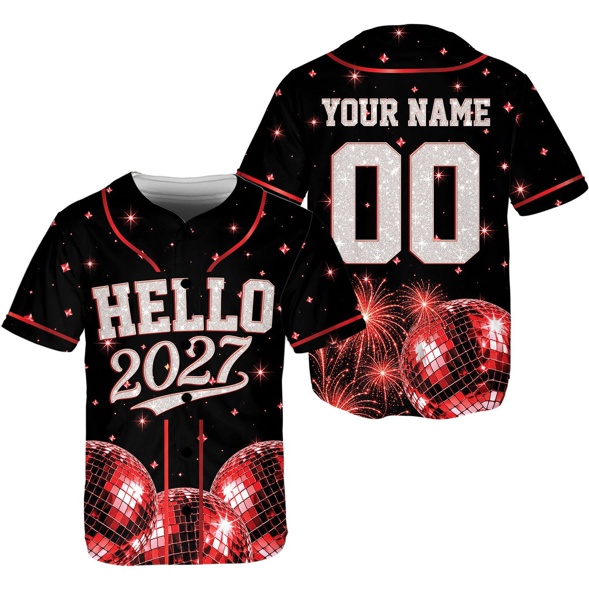 Back view of the personalized new year baseball jersey featuring custom name, number, and fireworks