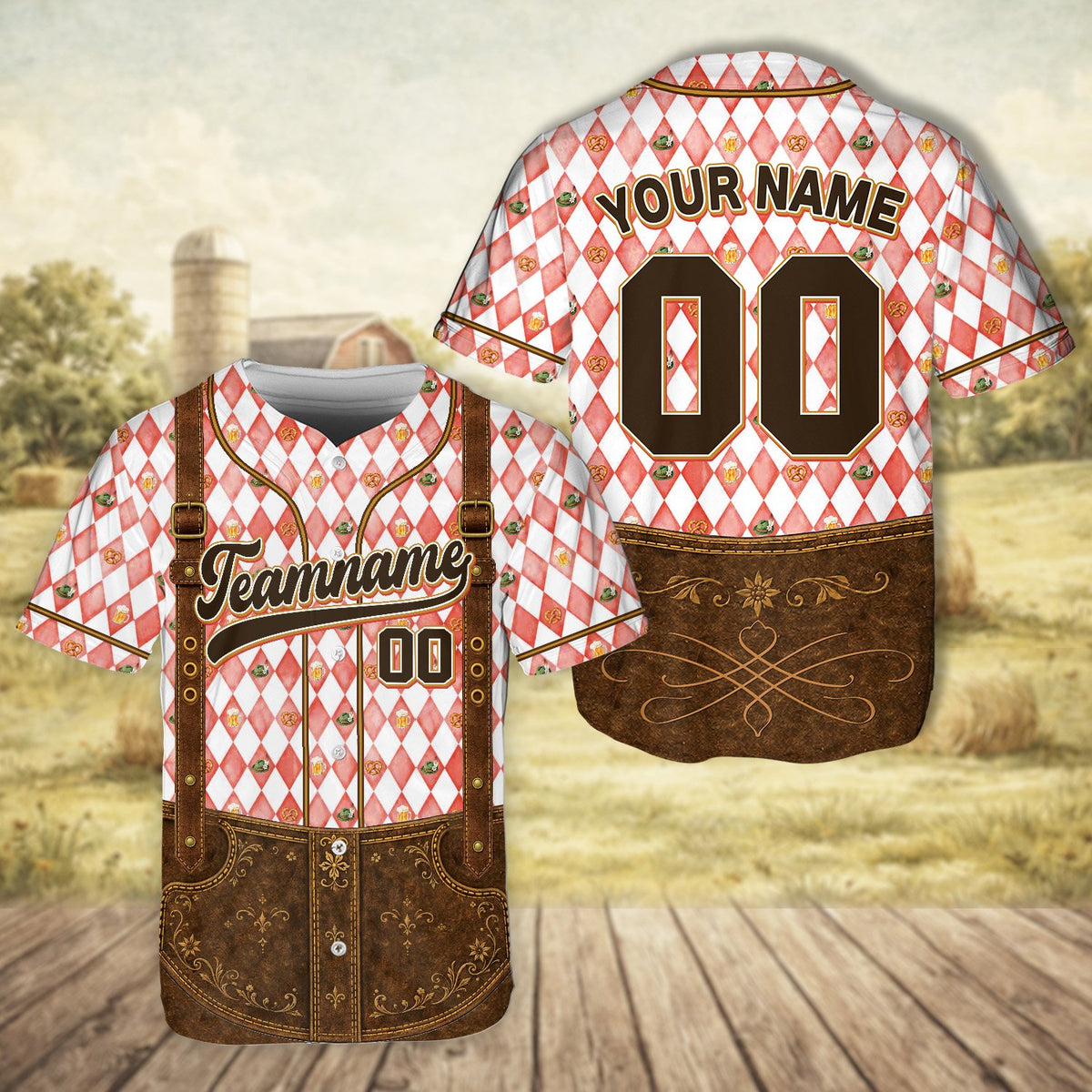 Full front view of the white oktoberfest baseball jersey on a neutral background