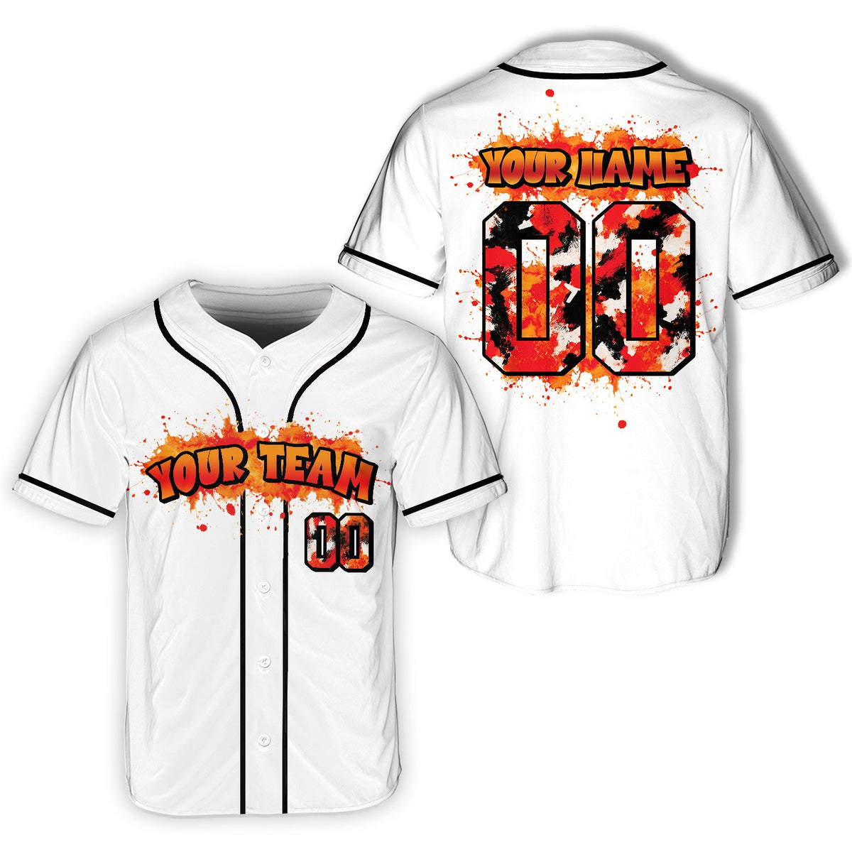 Front view of the white paint splatter baseball jersey, variant 9