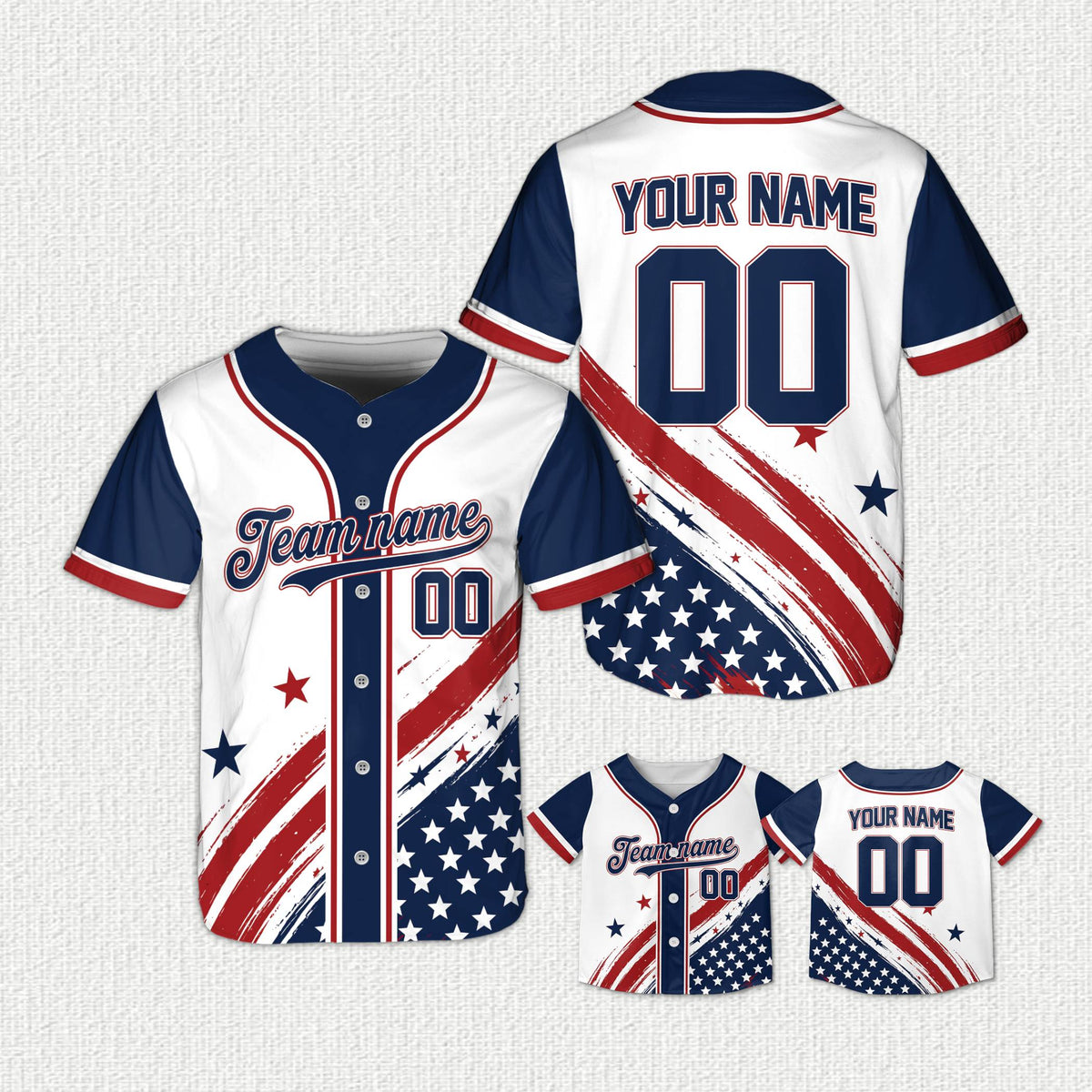 Side view of the red, white, and blue abstract flag baseball jersey