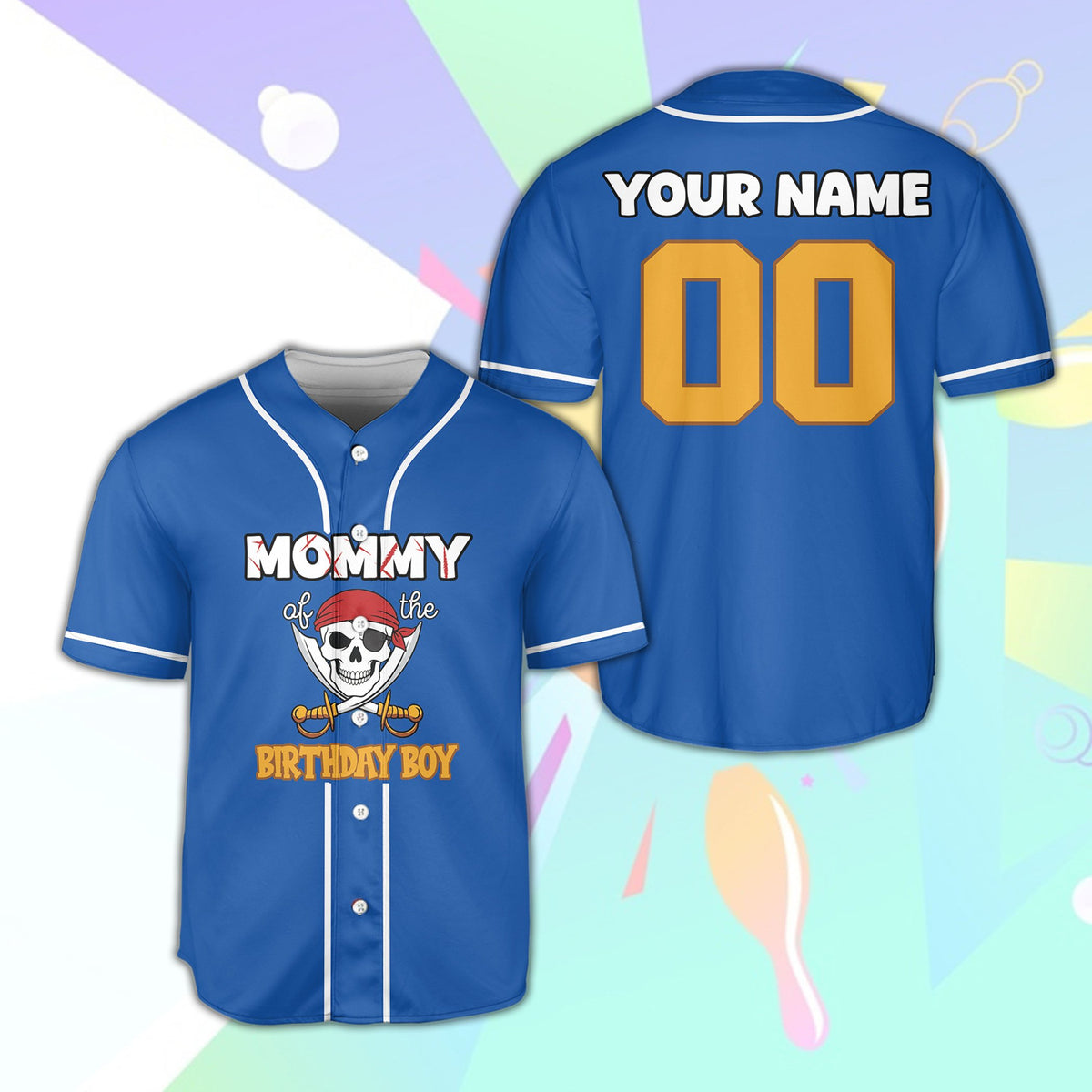 Personalized pirate birthday baseball jersey blue front view variant 6