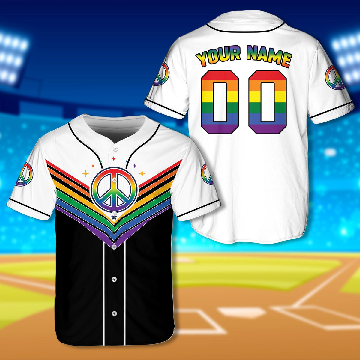 Back view of the custom baseball jersey showing a personalized name and number in rainbow colors