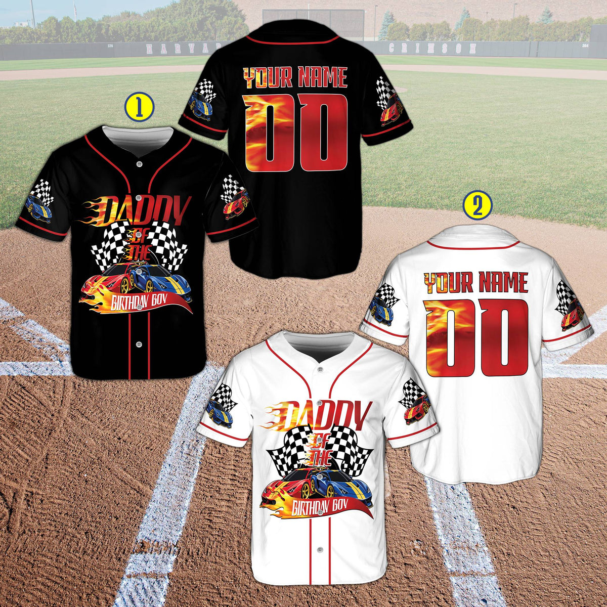 Detailed back view of the racing birthday baseball jersey highlighting the custom name and number with flame effect