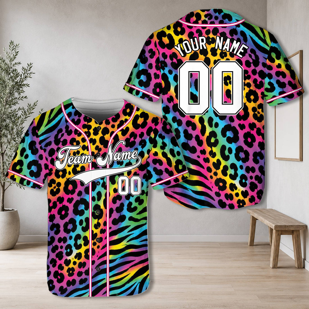 Styled front view of the personalized multicolor rainbow baseball jersey