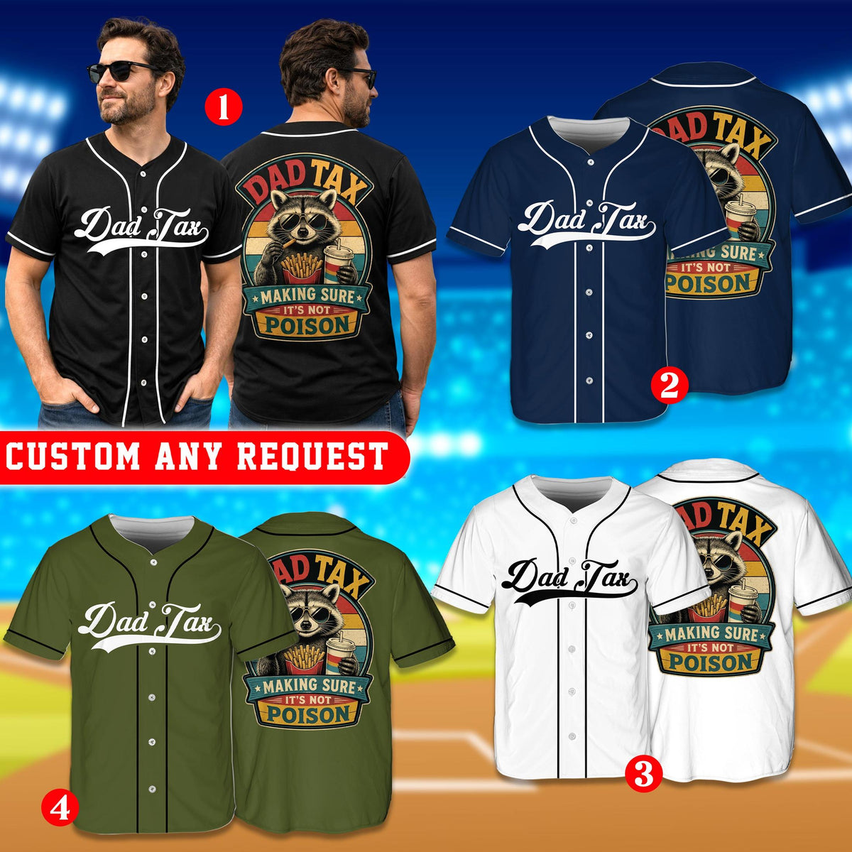 Retro baseball jersey with dad tax raccoon graphic, multicolor view