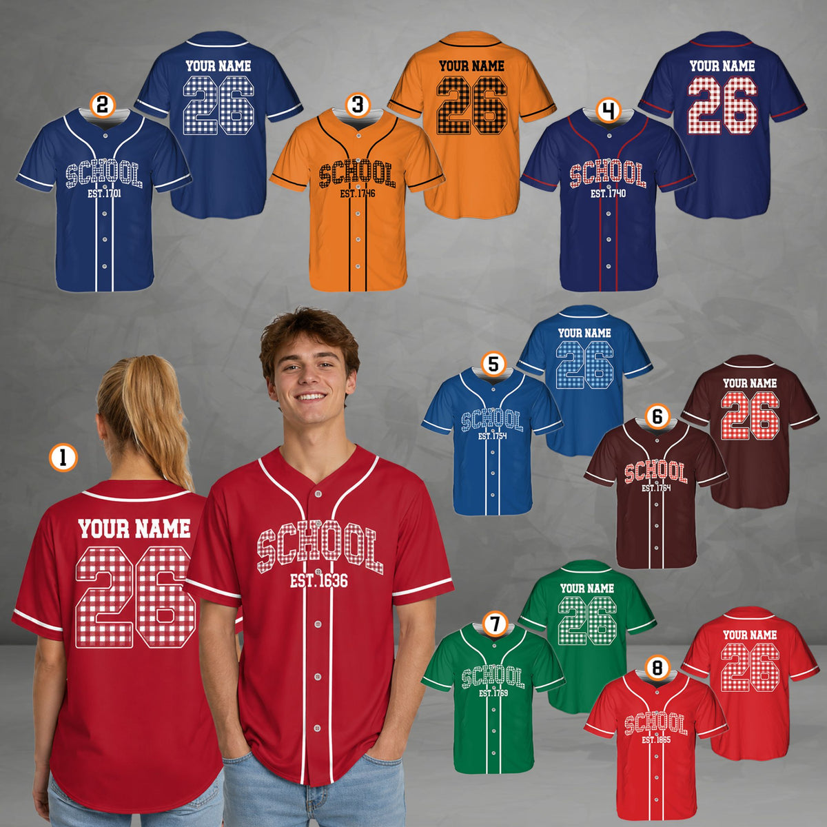 Adult wearing a personalized baseball jersey with school plaid accents in a lifestyle setting