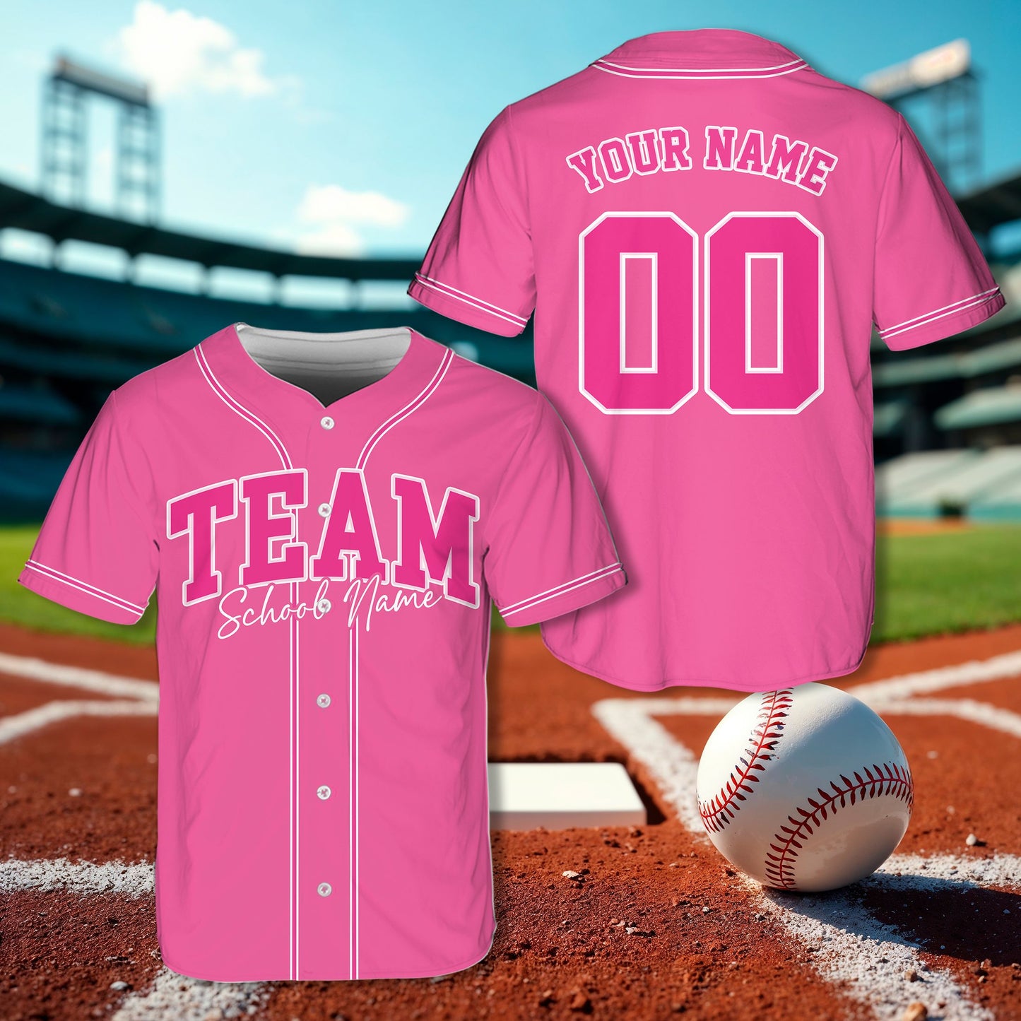 Another view of the pink personalized baseball jersey showing fit and fabric