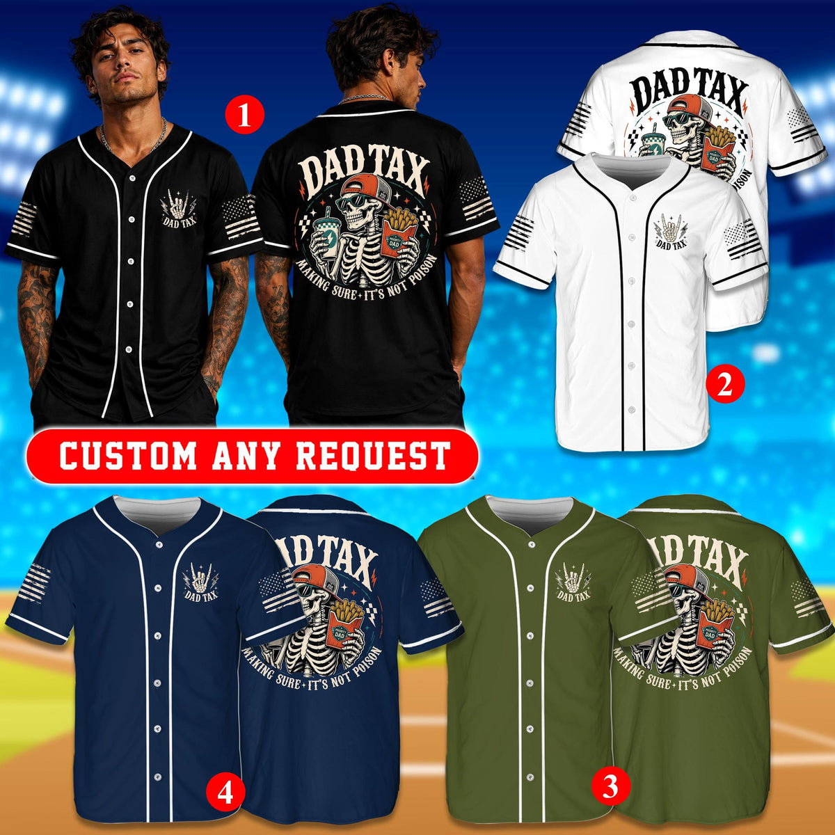 Lifestyle view of the Dad Tax skull baseball jersey