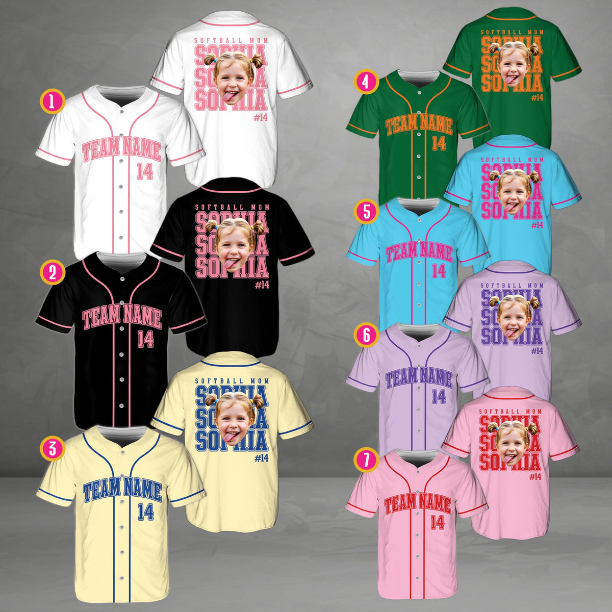 Another view of multicolor personalized softball mom baseball jerseys