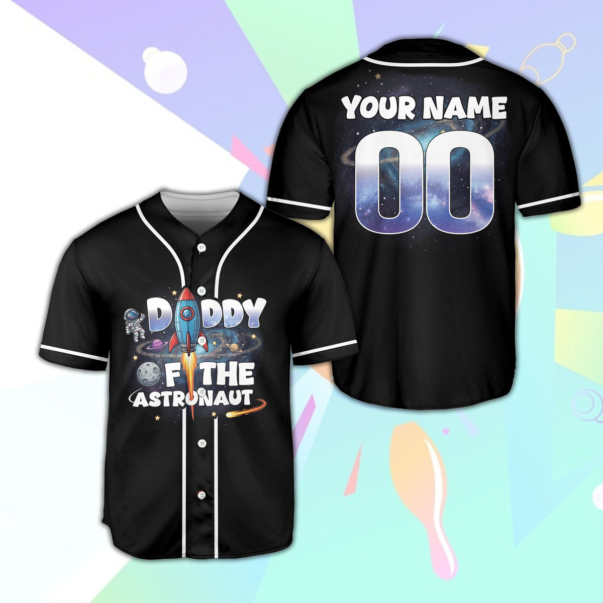 Black space astronaut baseball jersey showing Birthday Boy role, front view