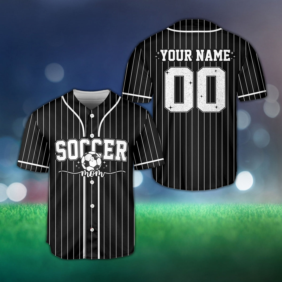 Black personalized sports baseball jersey, front view