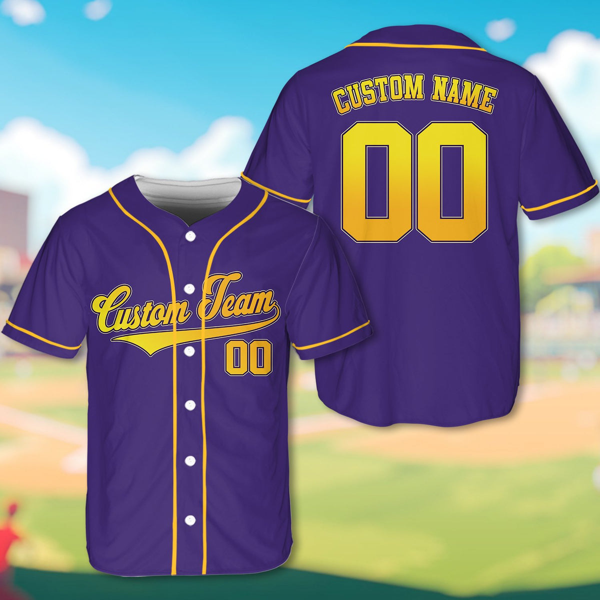 Purple sports baseball jersey with team design, front view