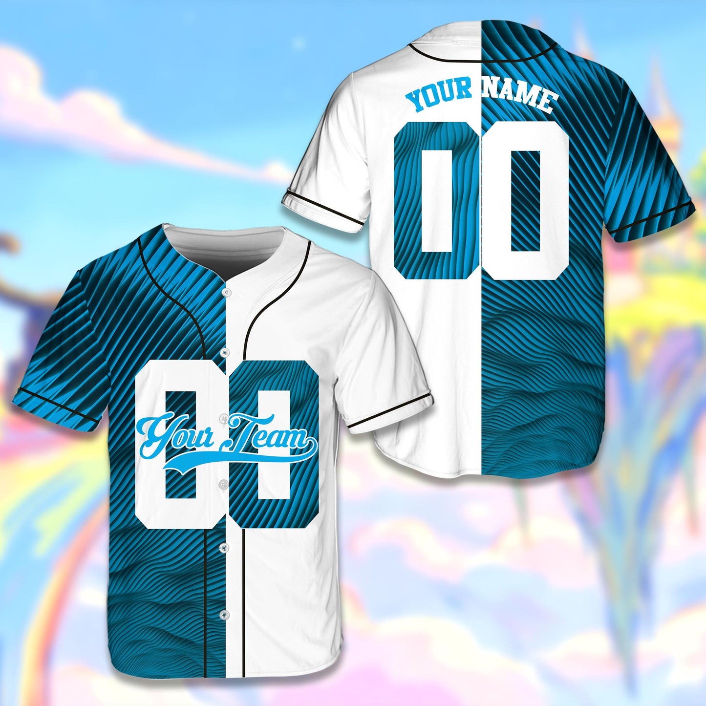 Side view of the split-pattern personalized baseball jersey highlighting the textured wavy design