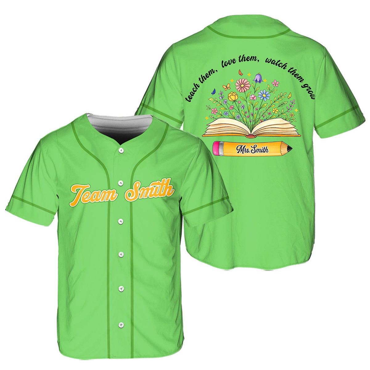 Third front view of personalized green teacher baseball jersey