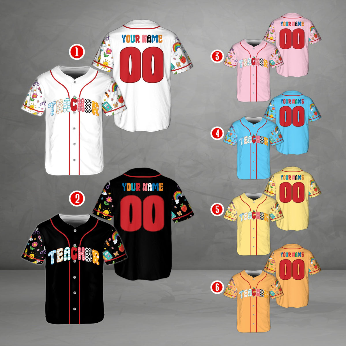 Personalized multicolor teacher baseball jersey with scissors and notebook doodles, front view