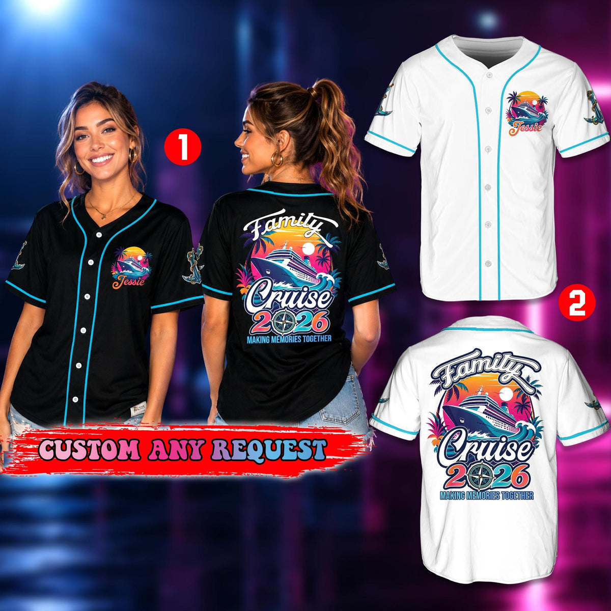 Lifestyle view of an adult wearing the personalized black tropical baseball jersey