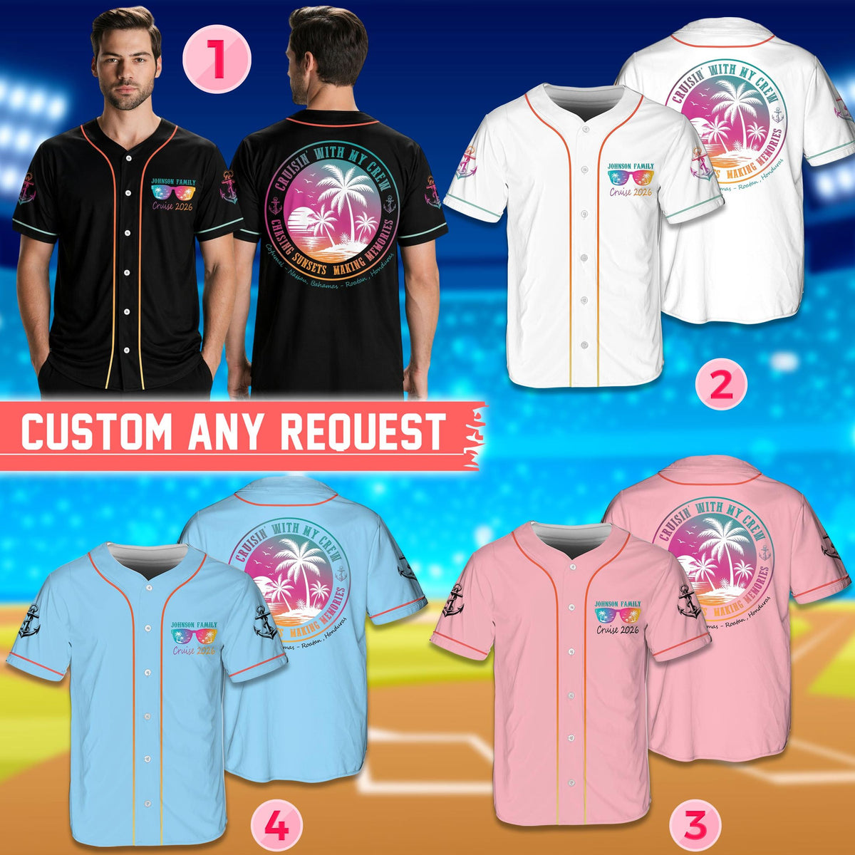 Lifestyle view of the multicolor tropical cruise baseball jersey on an adult