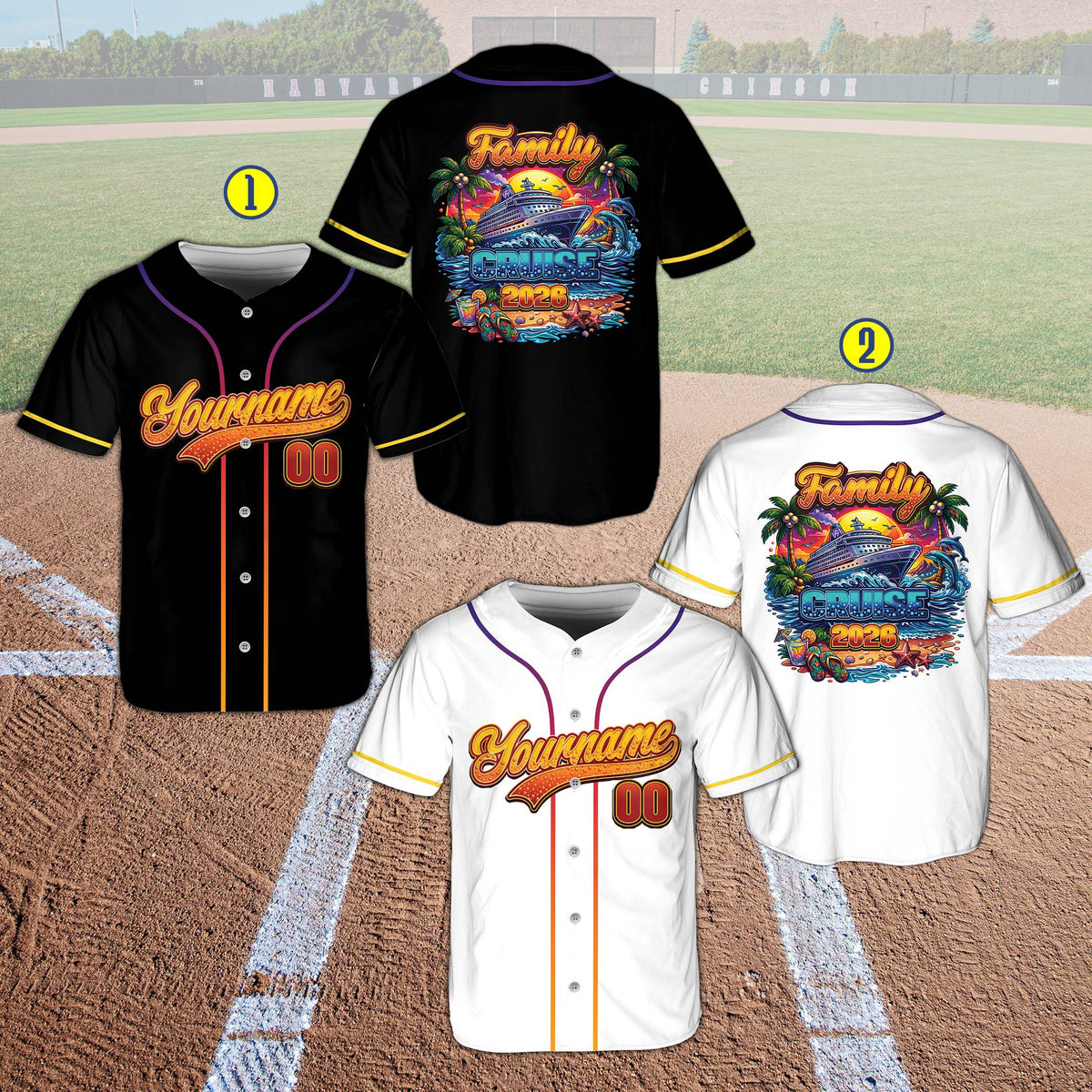 Multicolor tropical cruise baseball jersey with sunset and dolphins graphic view