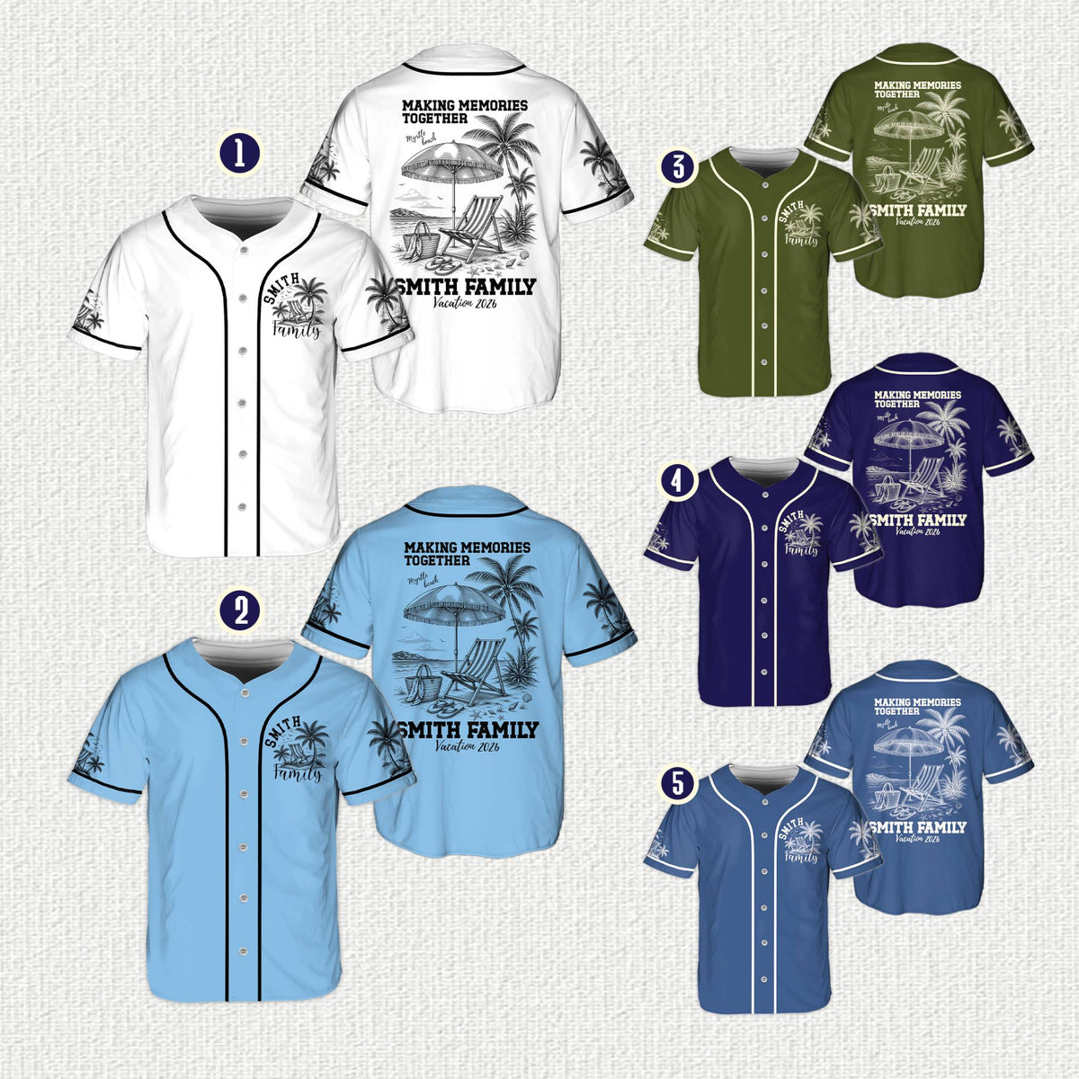 Multicolor view of personalized tropical vacation baseball jerseys