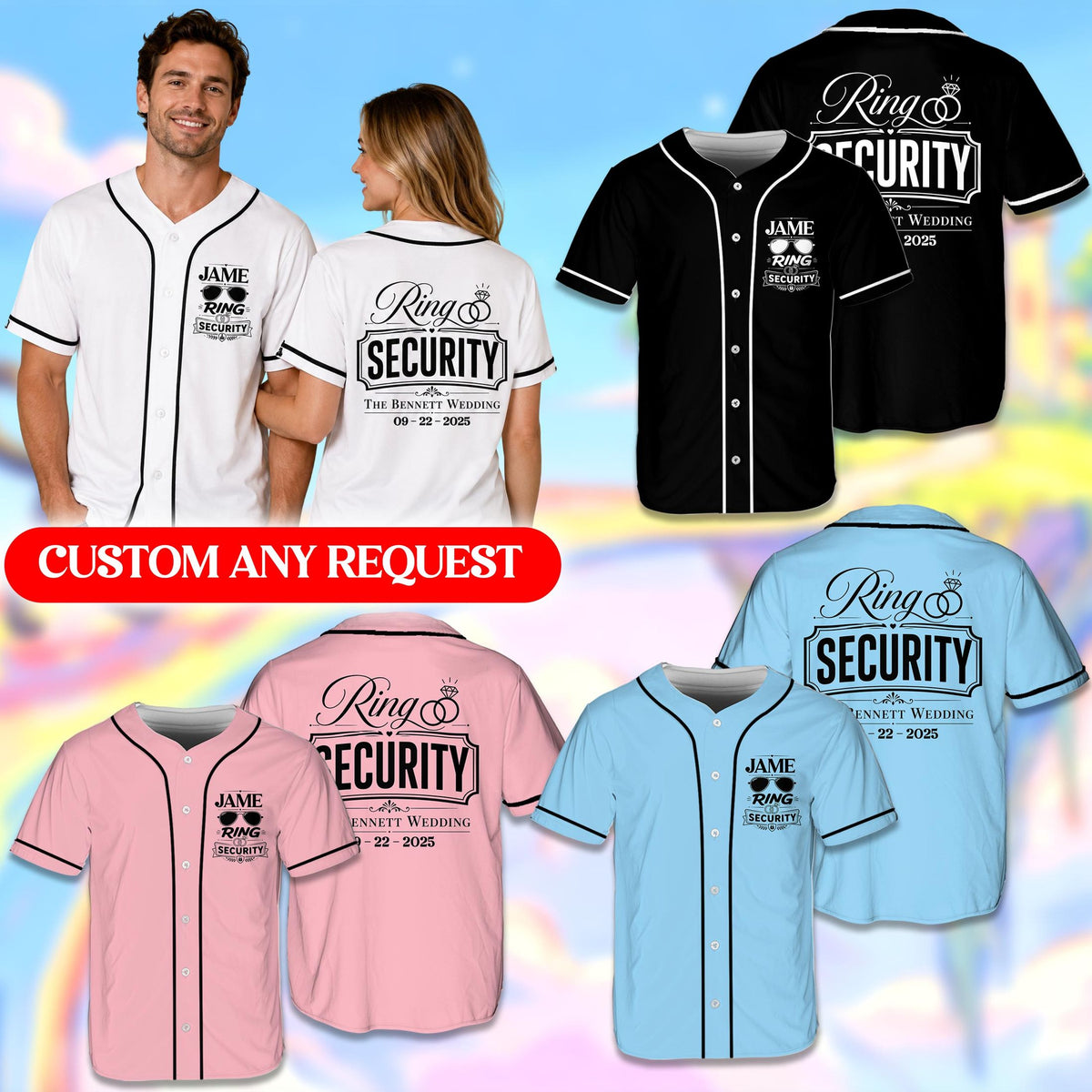 Lifestyle view of the custom wedding ring security baseball jersey