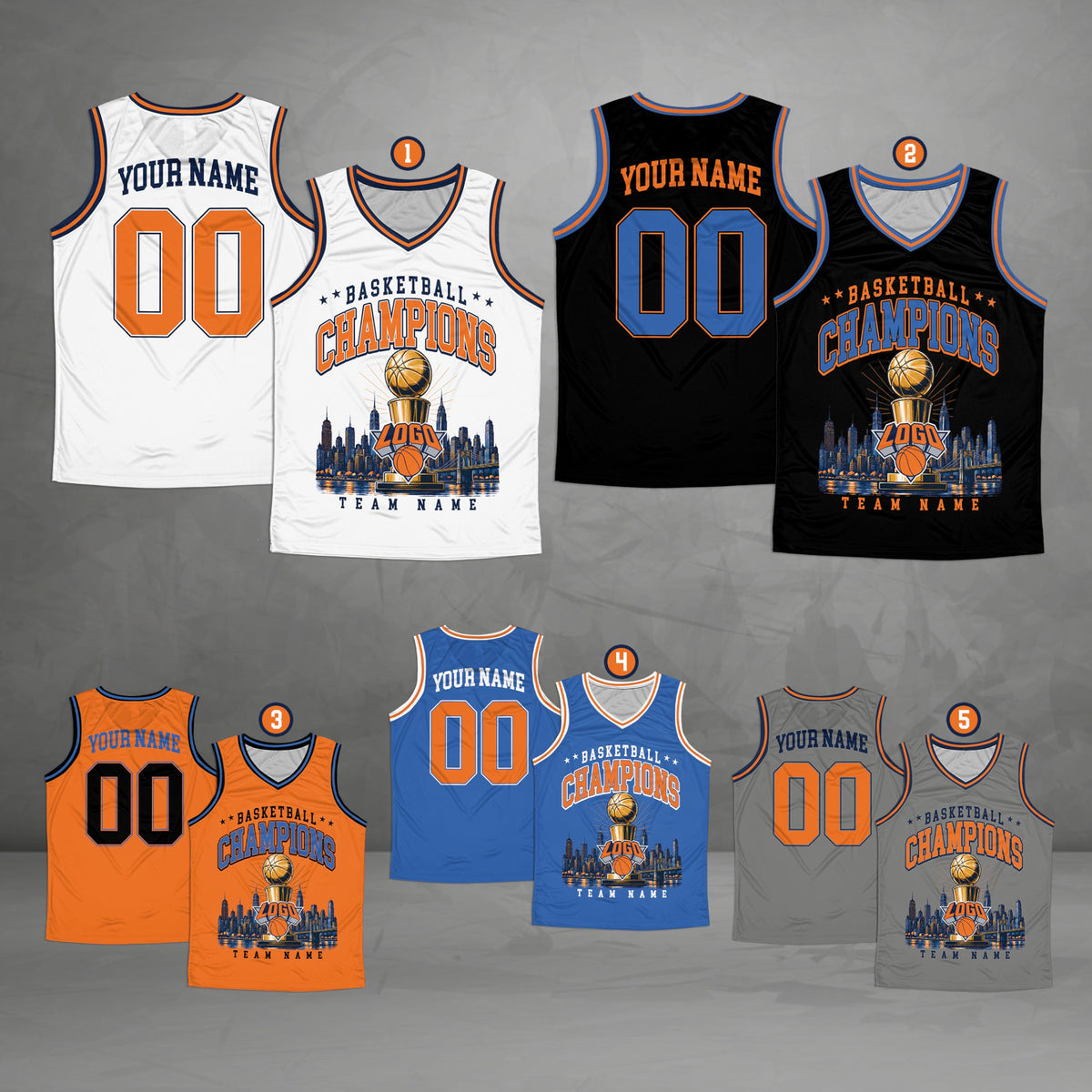 Assortment of personalized solid basketball jerseys in various colors