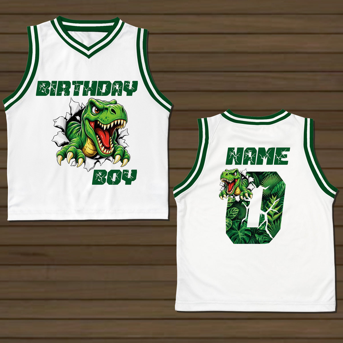 Front view of the dinosaur birthday basketball jersey in white