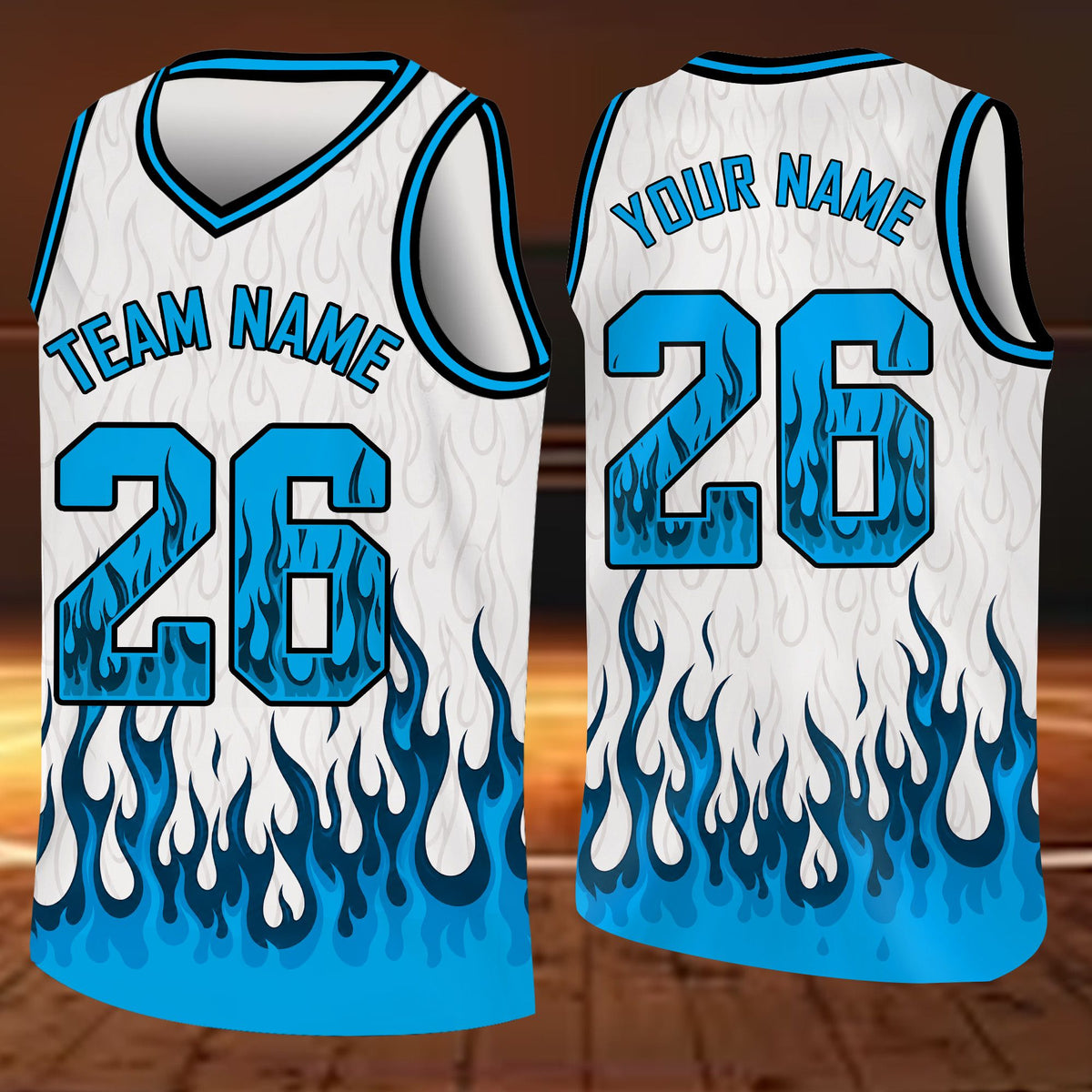 Custom basketball jersey in white with flame design, front view variant 9