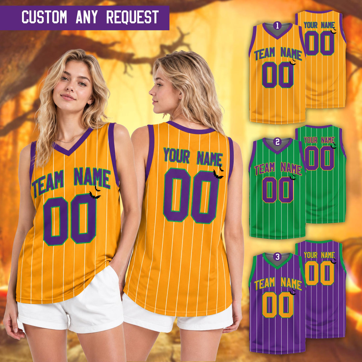 Adult wearing a personalized stripes basketball jersey with Halloween design outdoors