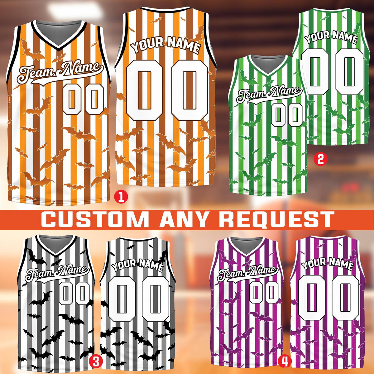 Multicolor view of personalized halloween basketball jerseys
