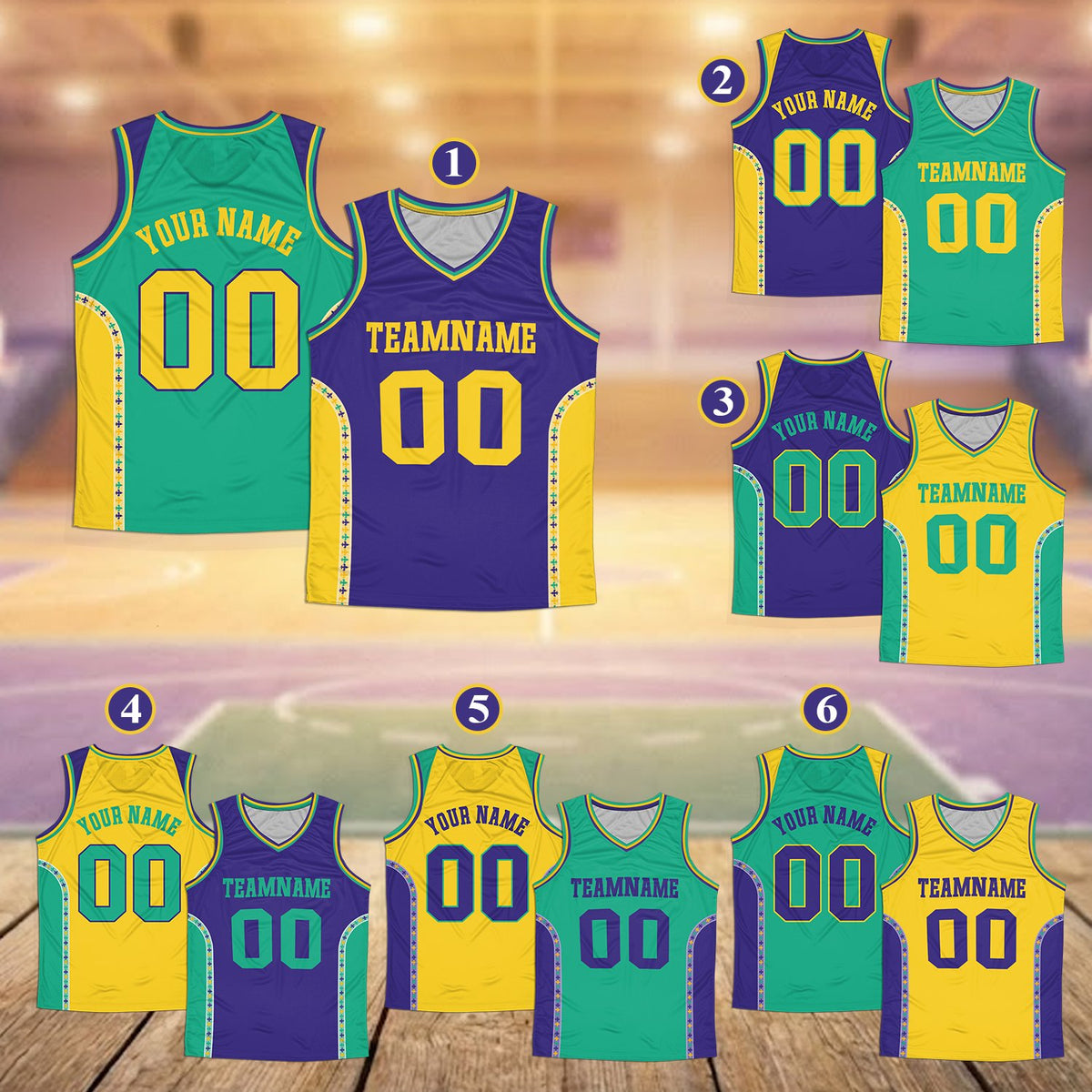 Other view of Mardi Gras themed color-block basketball jersey