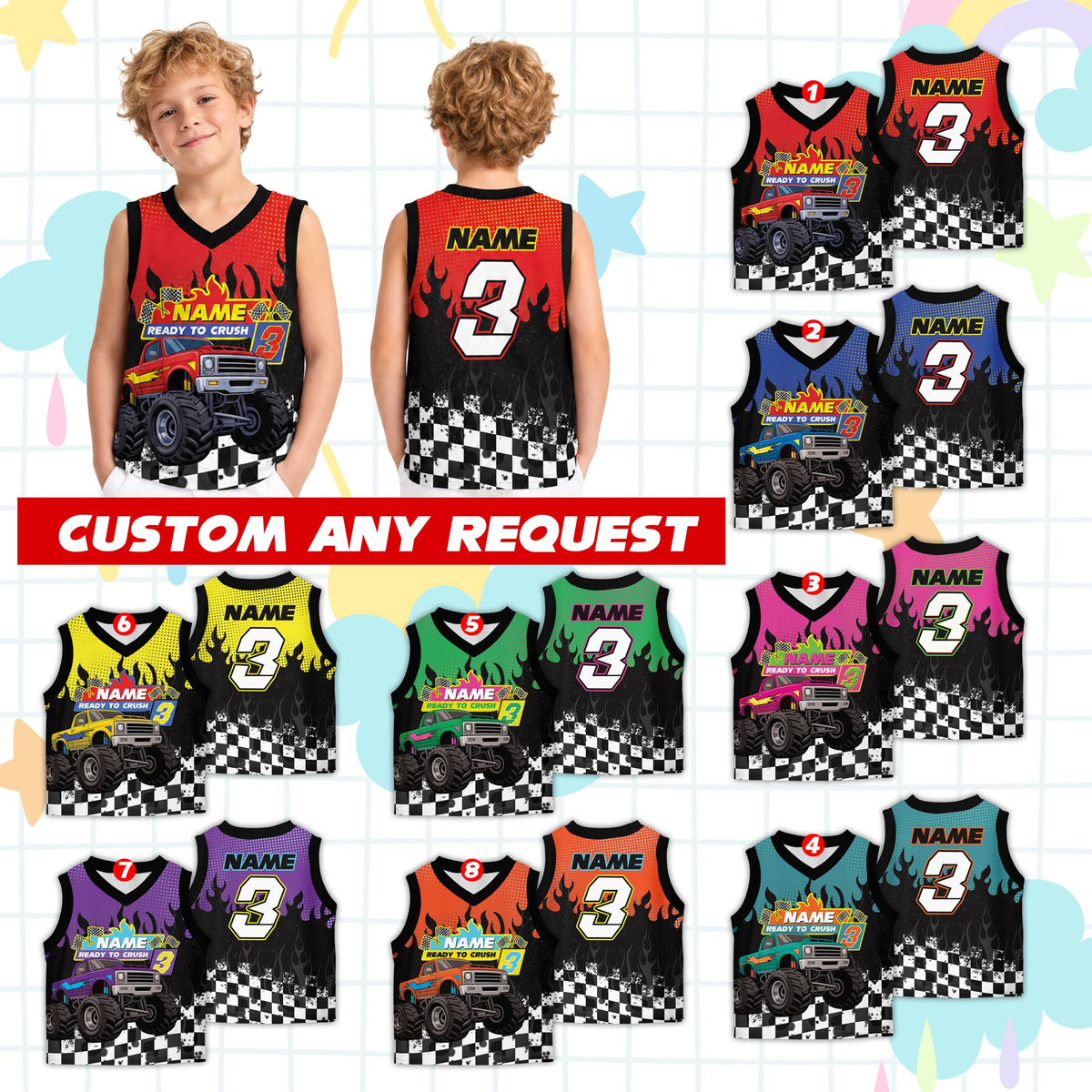 Lifestyle view of someone wearing the personalized monster truck basketball jersey