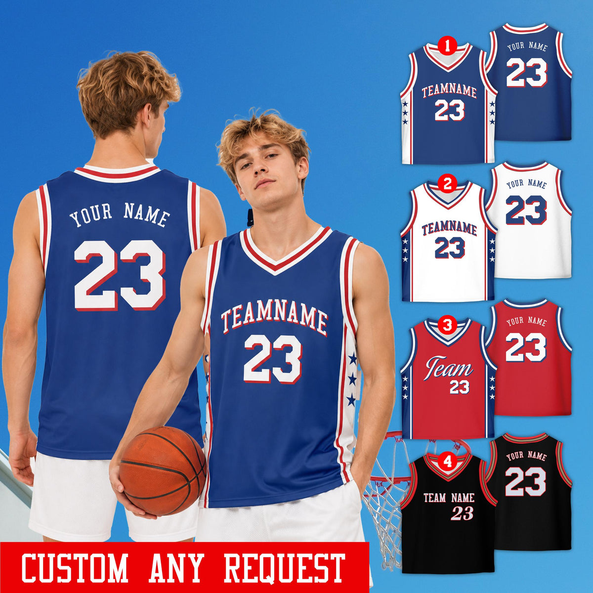 Lifestyle view of a person wearing the navy retro basketball jersey