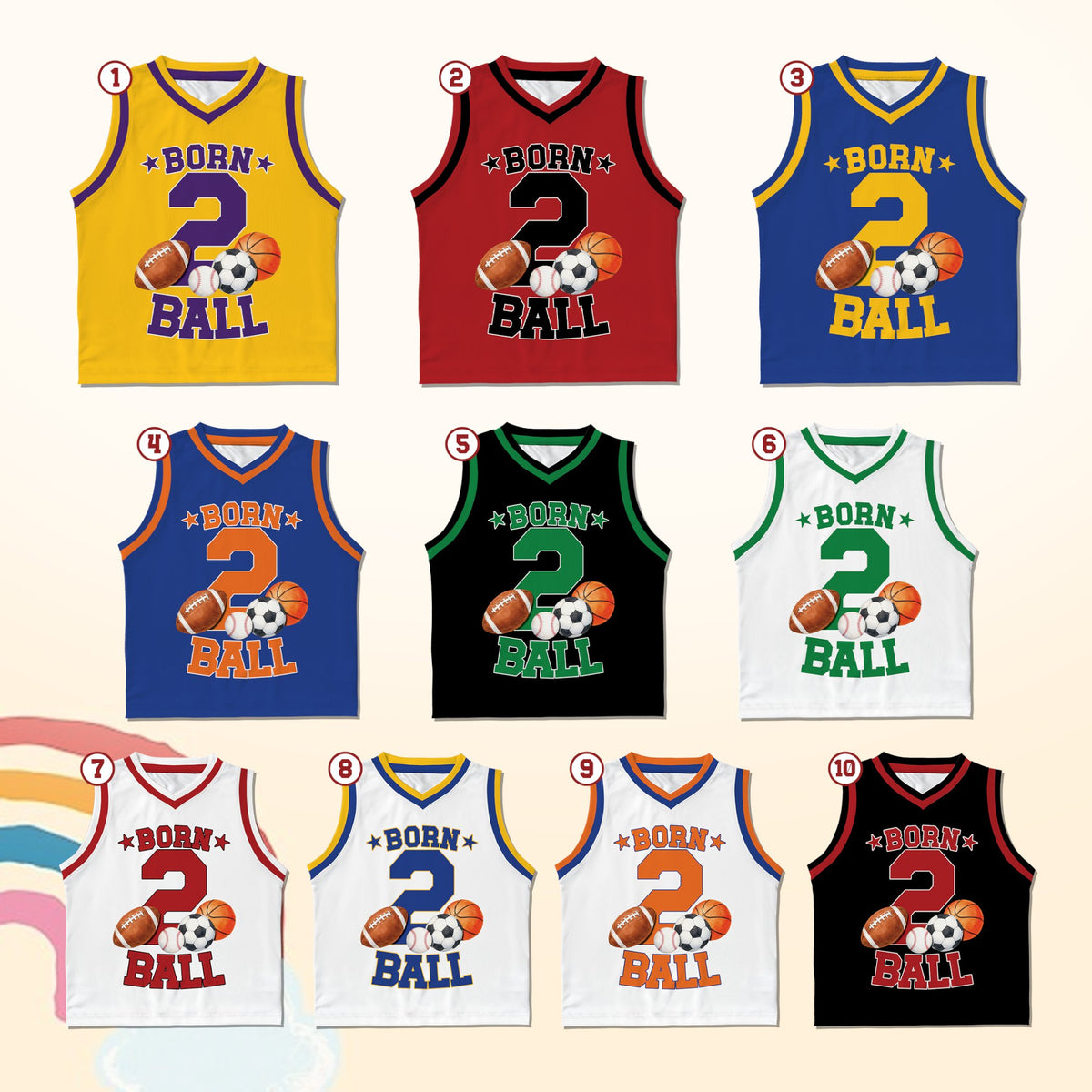 Multicolor view showing different personalization options for the basketball jersey