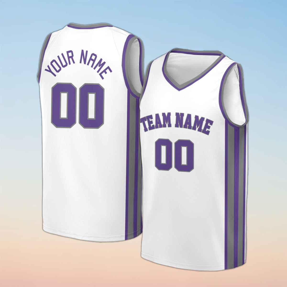 White sports basketball jersey with custom name and number, front view