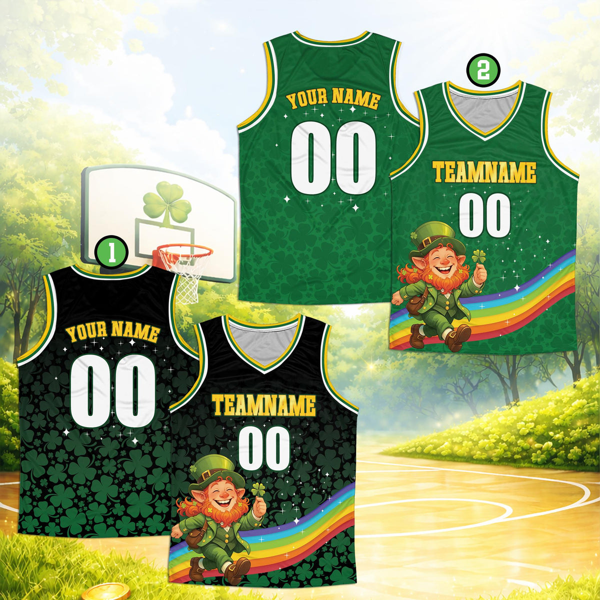 Detailed view of the St. Patrick's day custom basketball jersey showing the shamrock and star pattern