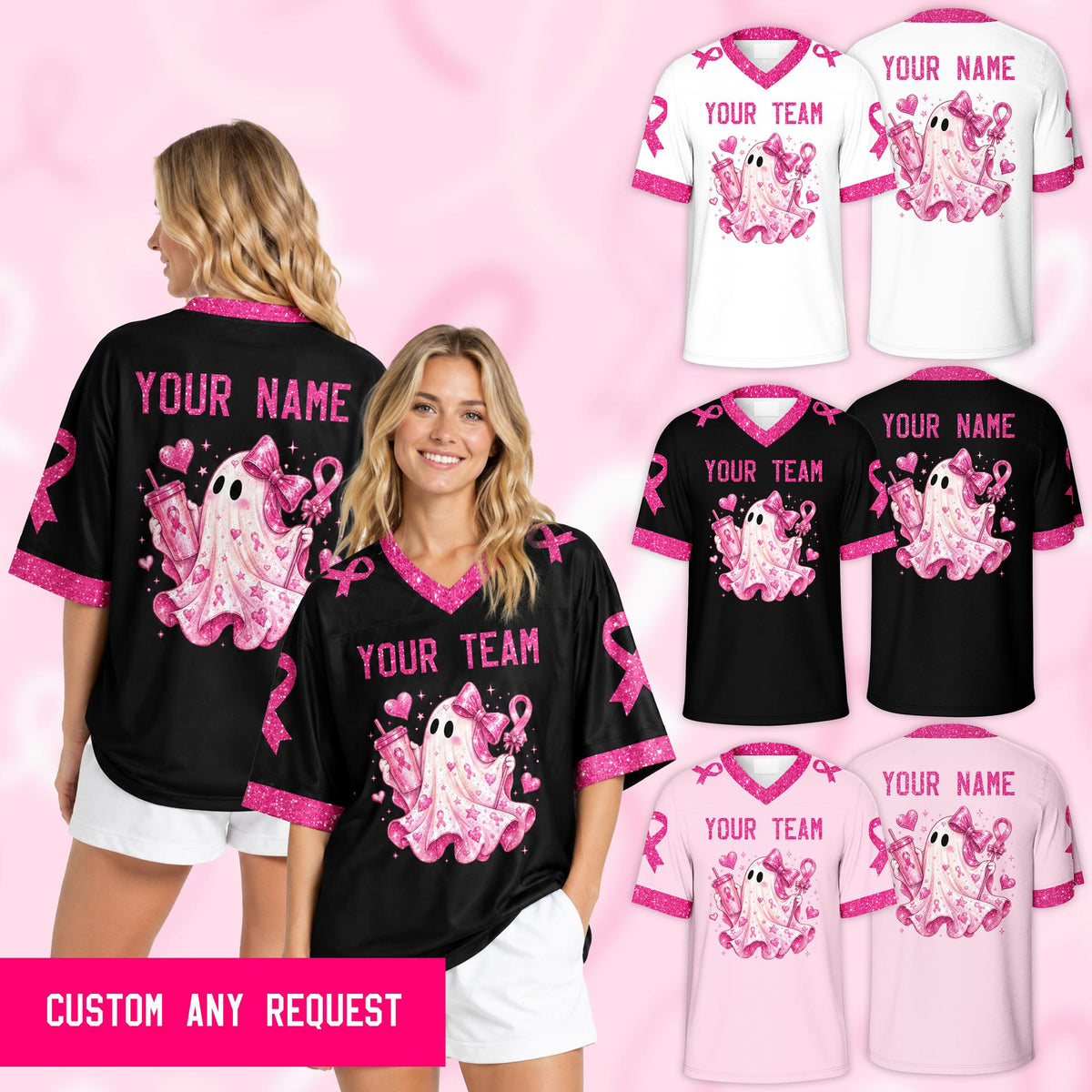 Close-up view of the personalized football jersey showing pink glitter accents and ribbon details