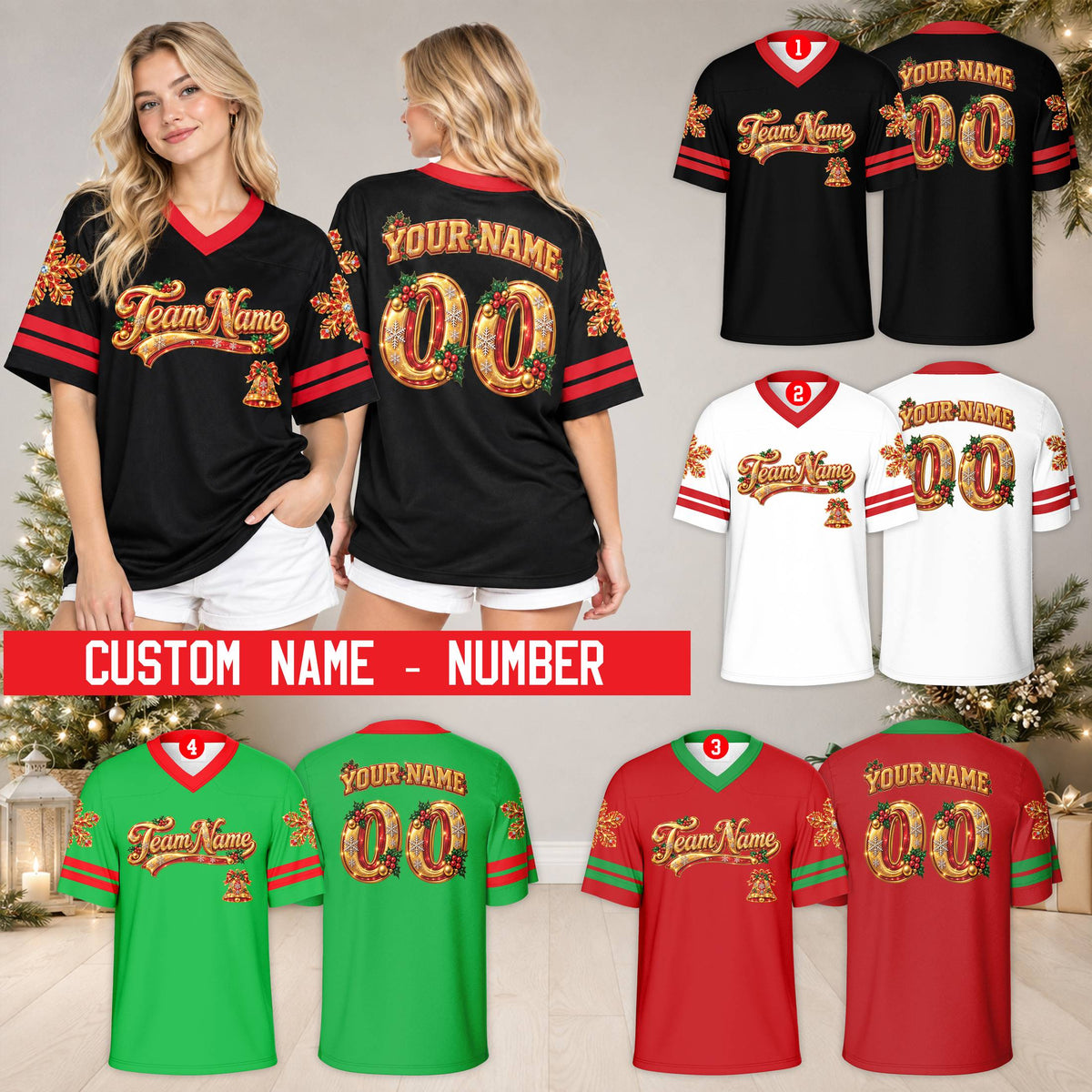 Lifestyle view of someone wearing the personalized christmas football jersey