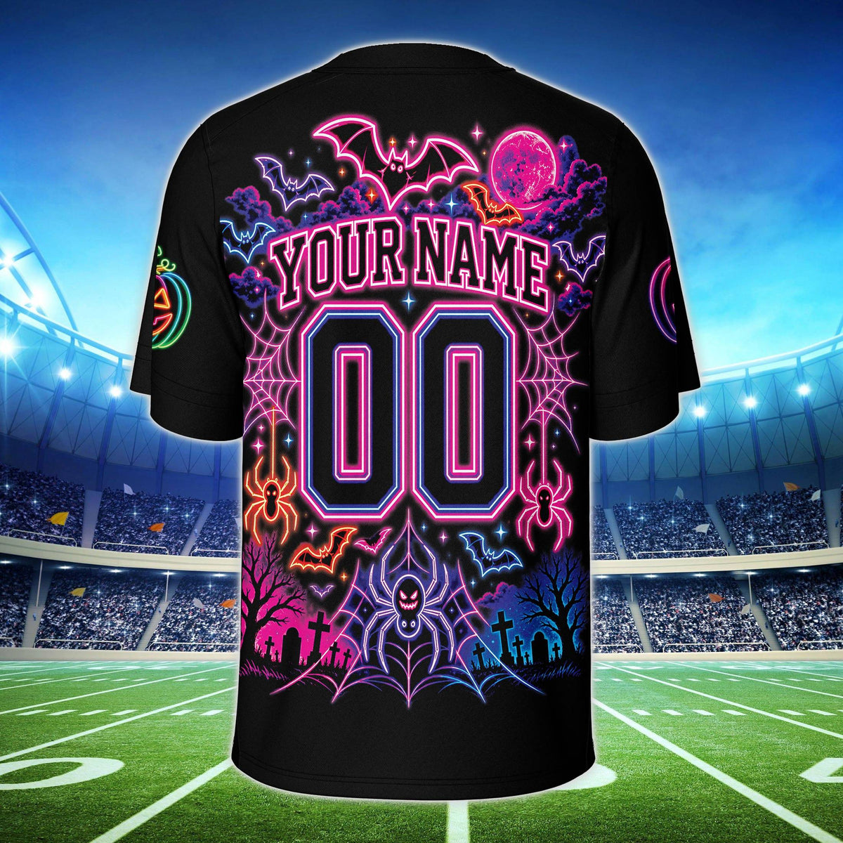Back view of custom football jersey showing neon graveyard design with personalized name and number
