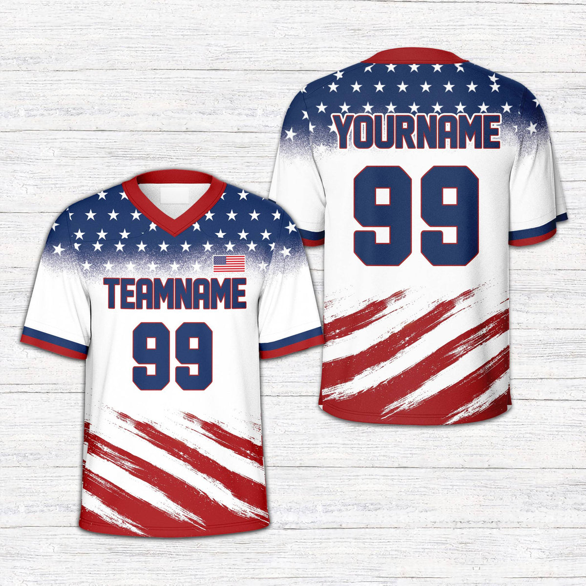 Front view of multicolor custom patriotic football jersey design