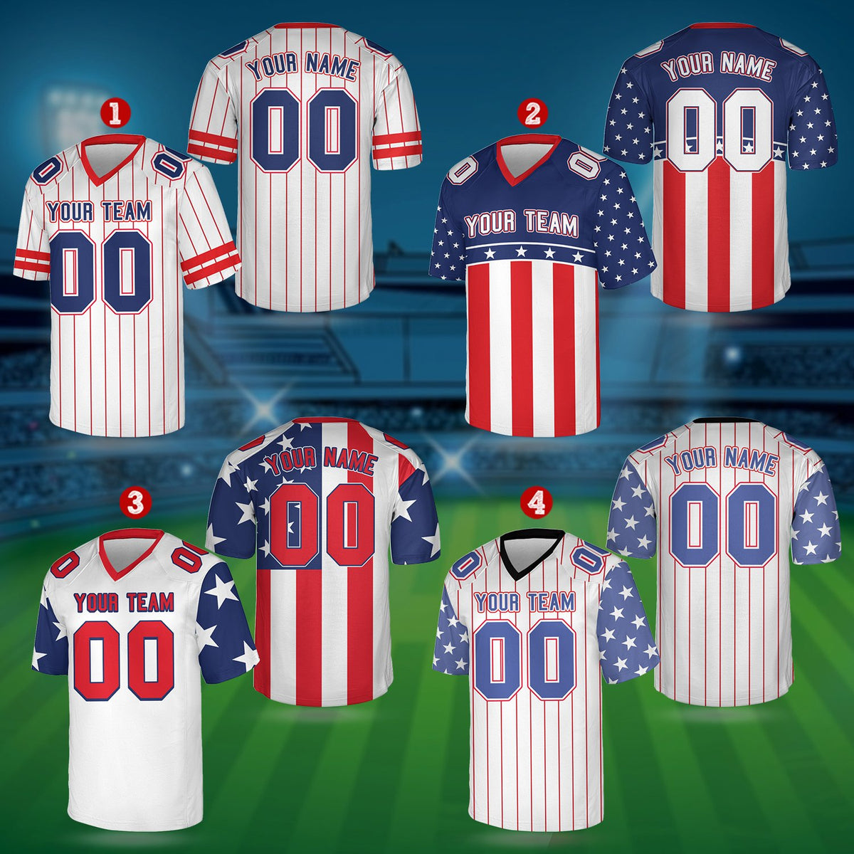 Detailed view of the fabric and stitching on the personalized patriotic football jersey