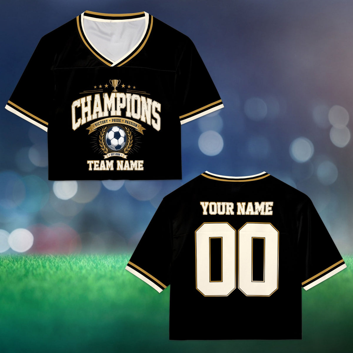 Personalized black soccer football jersey crop top with custom name and number, front view