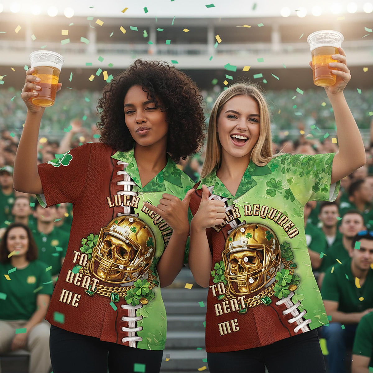 Fourth lifestyle view highlighting the skull and shamrock graphics on the football jersey