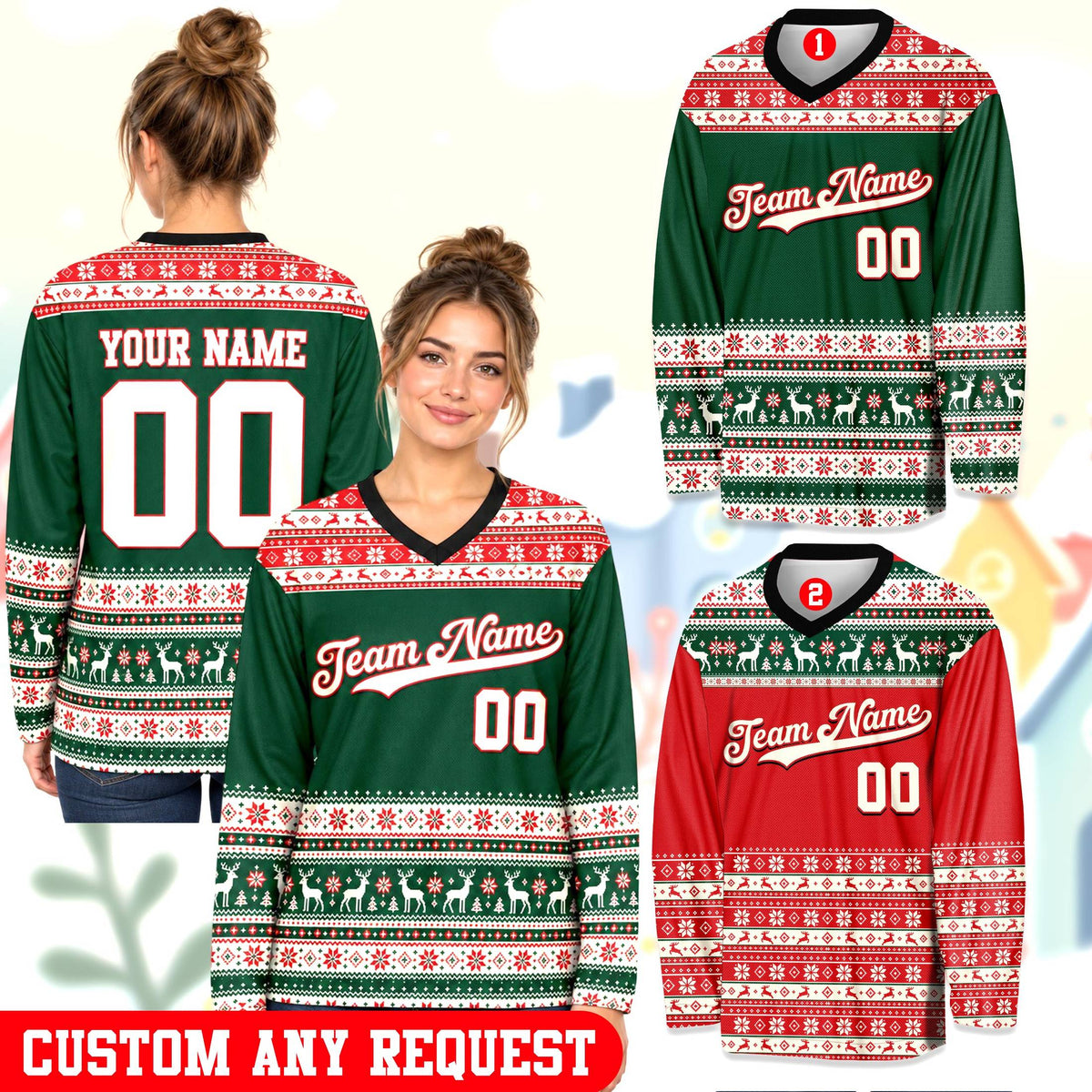 Lifestyle view of someone wearing the custom christmas hockey jersey