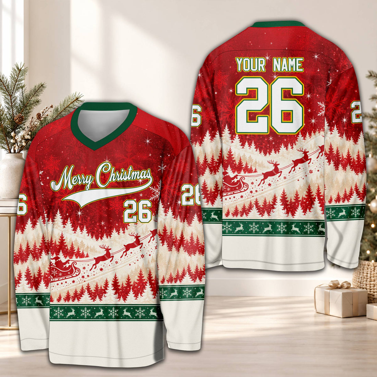 Front view of the personalized christmas hockey jersey featuring a red, white, and green winter forest design with custom name and number
