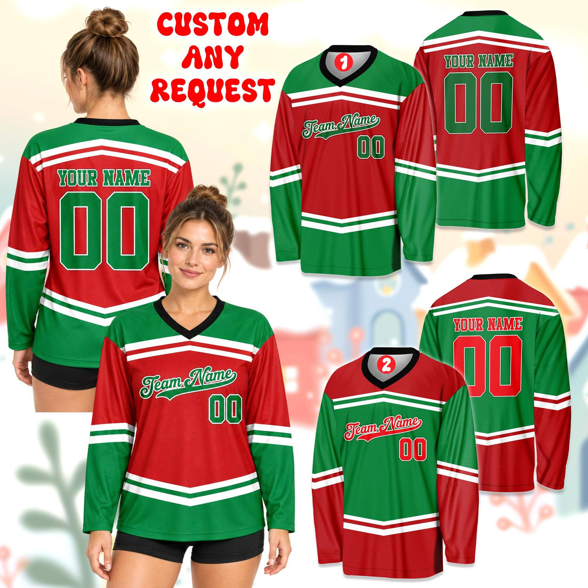 Alternative view of the striped holiday hockey jersey design