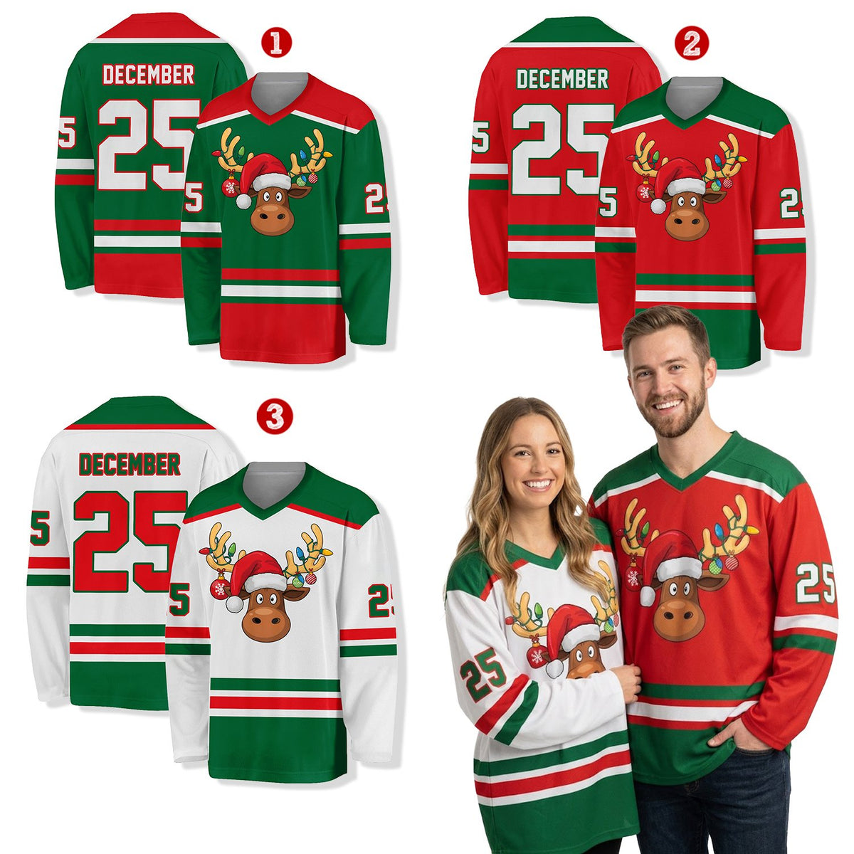 Alternative angled view showcasing the horizontal red, white, and green stripes on the hockey jersey