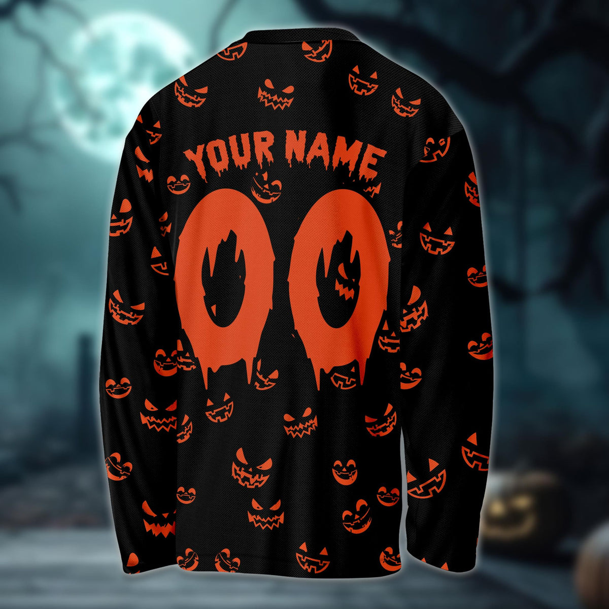 Back view of the Halloween hockey jersey displaying custom name and number in dripping font