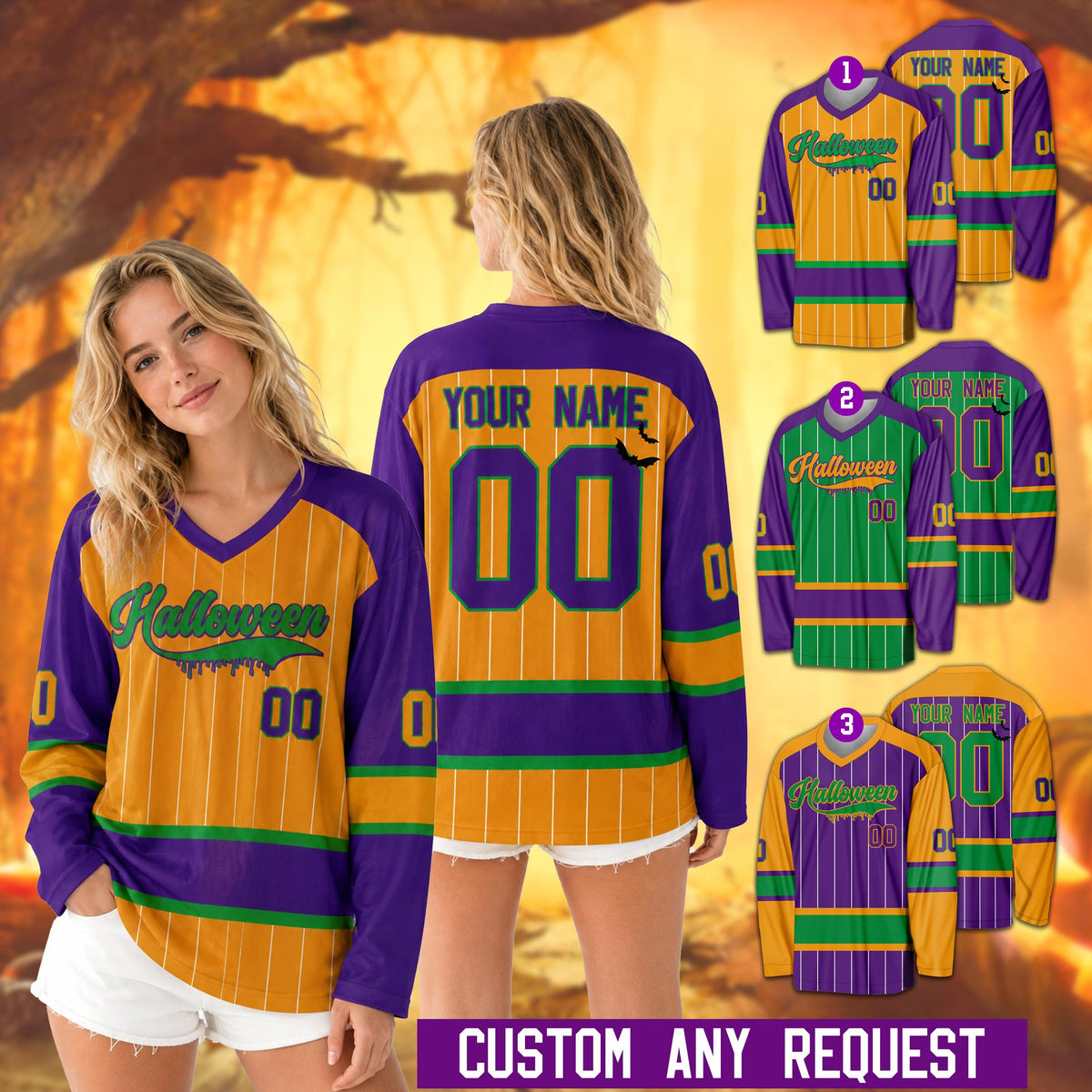 Person wearing a multicolor Halloween custom name and number hockey jersey