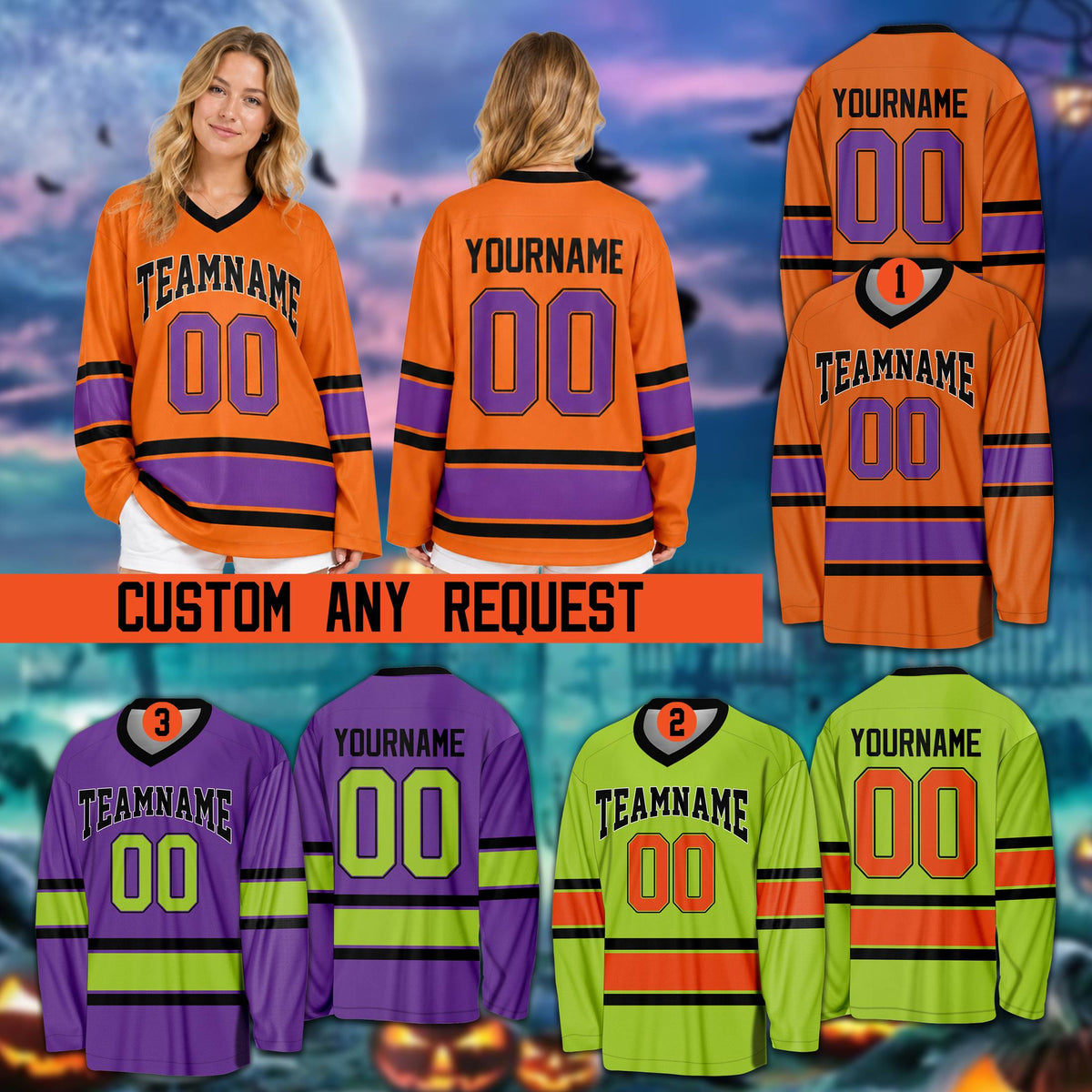 Multicolor Halloween custom hockey jersey showing design details, alternate view